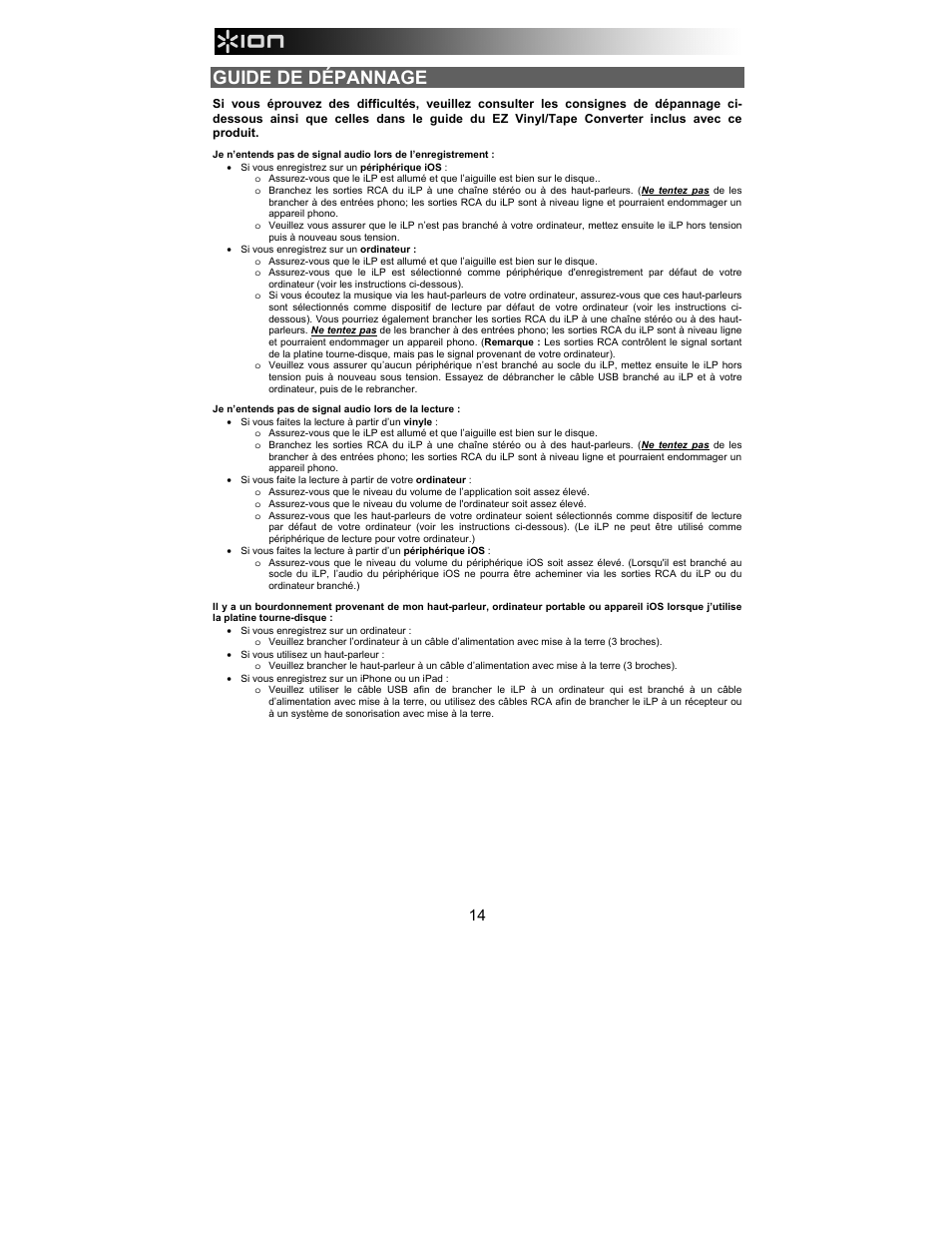 Guide de dépannage | ION Audio iLP User Manual | Page 14 / 32