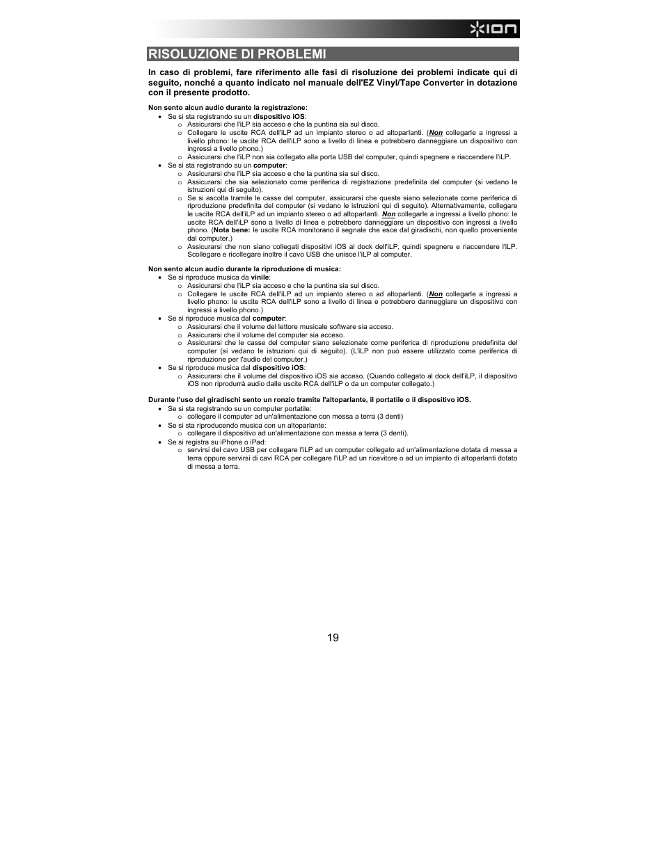 Risoluzione di problemi | ION Audio iLP User Manual | Page 19 / 32