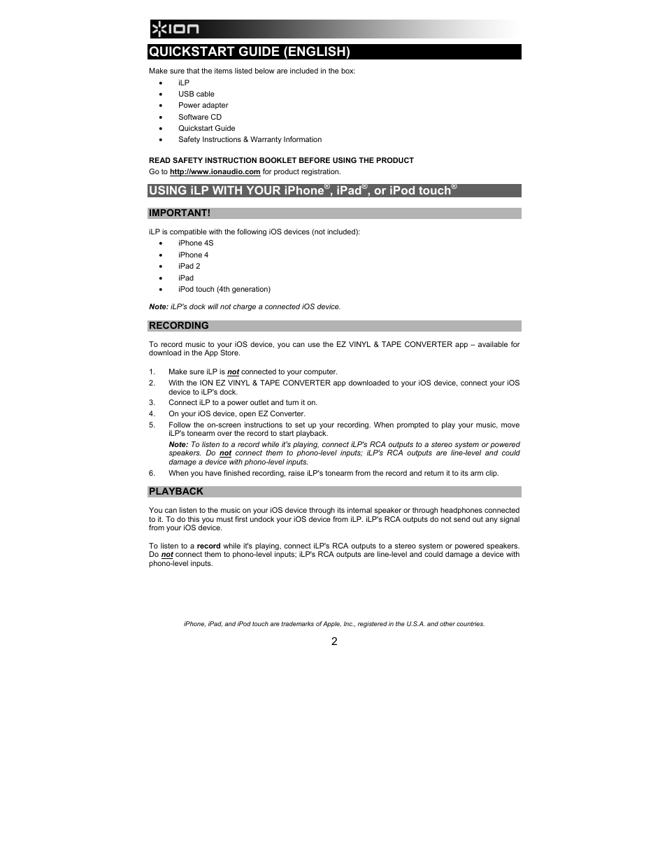 Quickstart guide (english), Using ilp with your iphone, Ipad | Or ipod touch | ION Audio iLP User Manual | Page 2 / 32