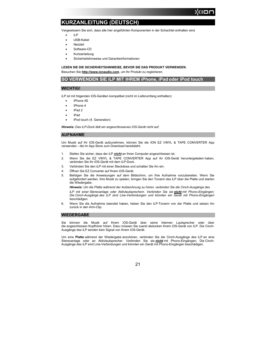 Kurzanleitung (deutsch), So verwenden sie ilp mit ihrem iphone, ipad, Oder ipod touch | ION Audio iLP User Manual | Page 21 / 32