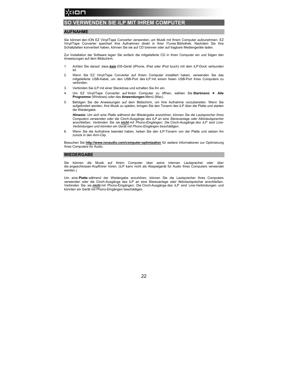 So verwenden sie ilp mit ihrem computer | ION Audio iLP User Manual | Page 22 / 32