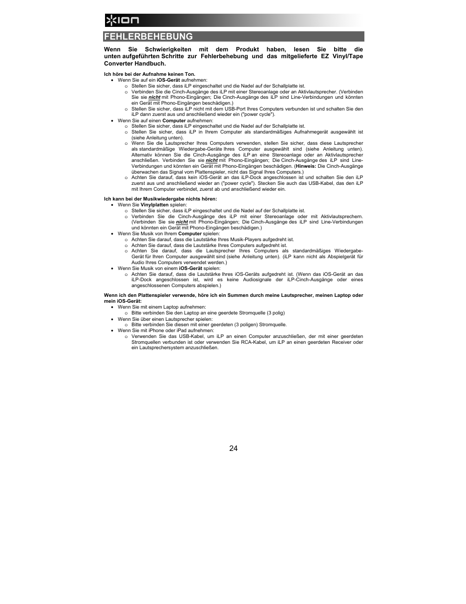 Fehlerbehebung | ION Audio iLP User Manual | Page 24 / 32