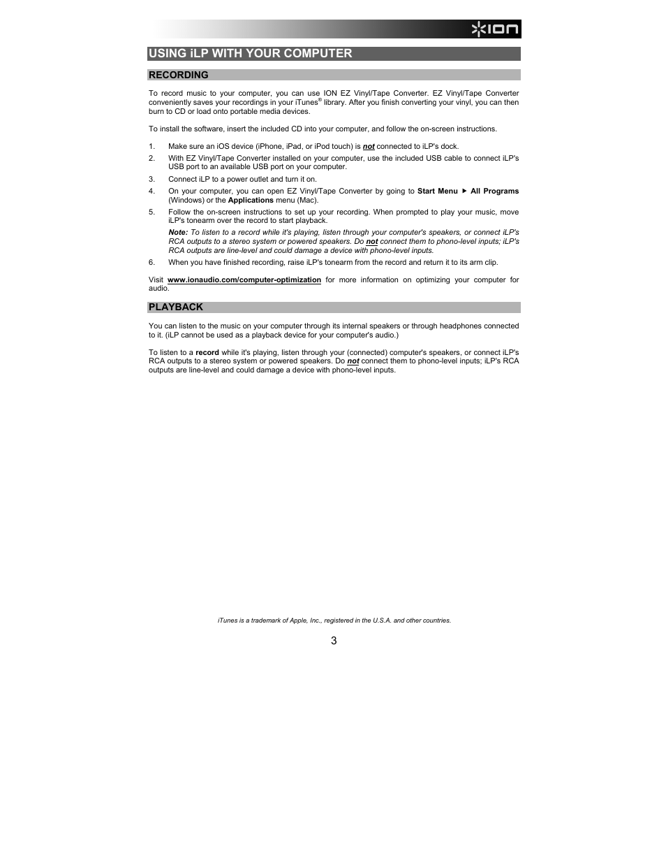 Using ilp with your computer | ION Audio iLP User Manual | Page 3 / 32