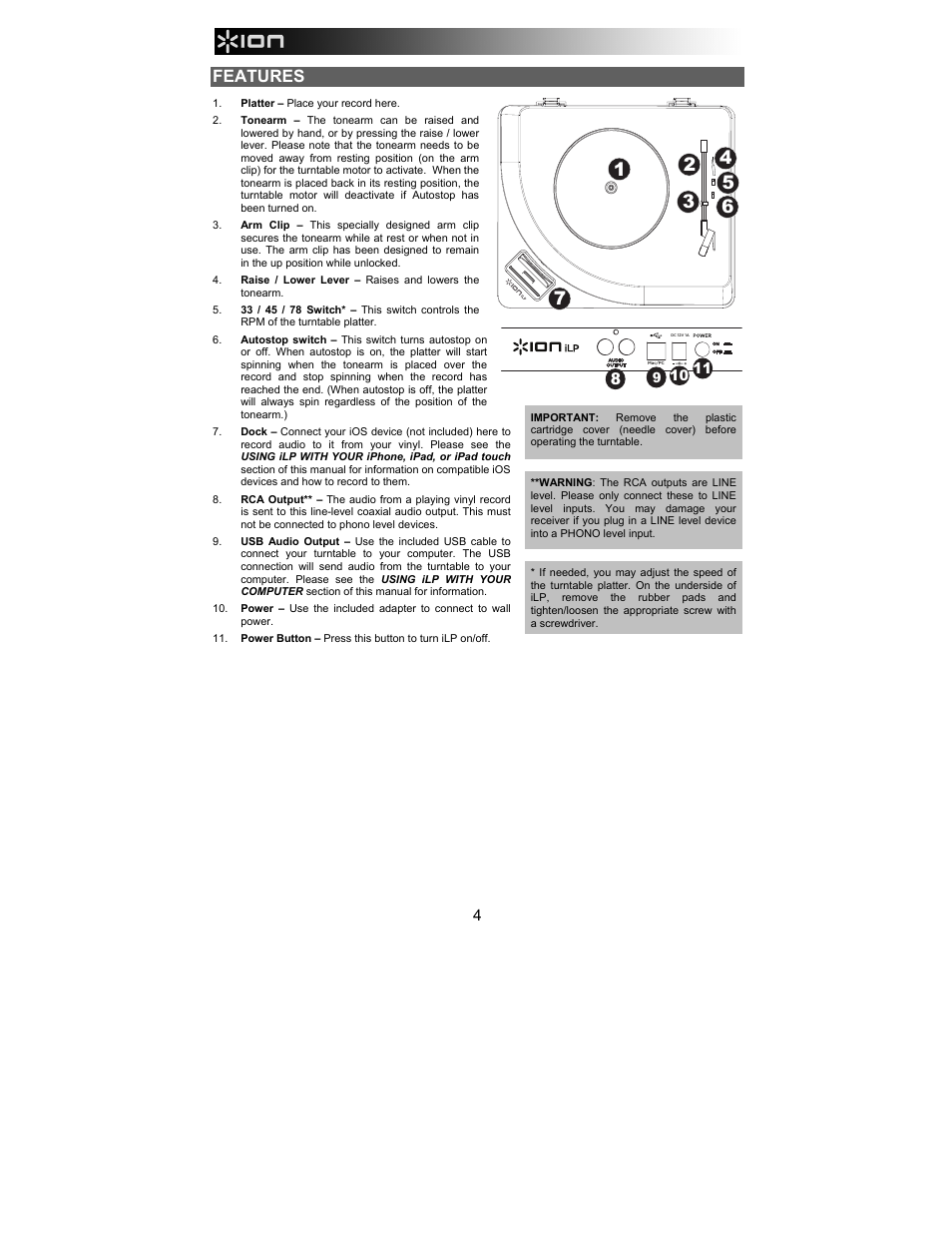 Features | ION Audio iLP User Manual | Page 4 / 32