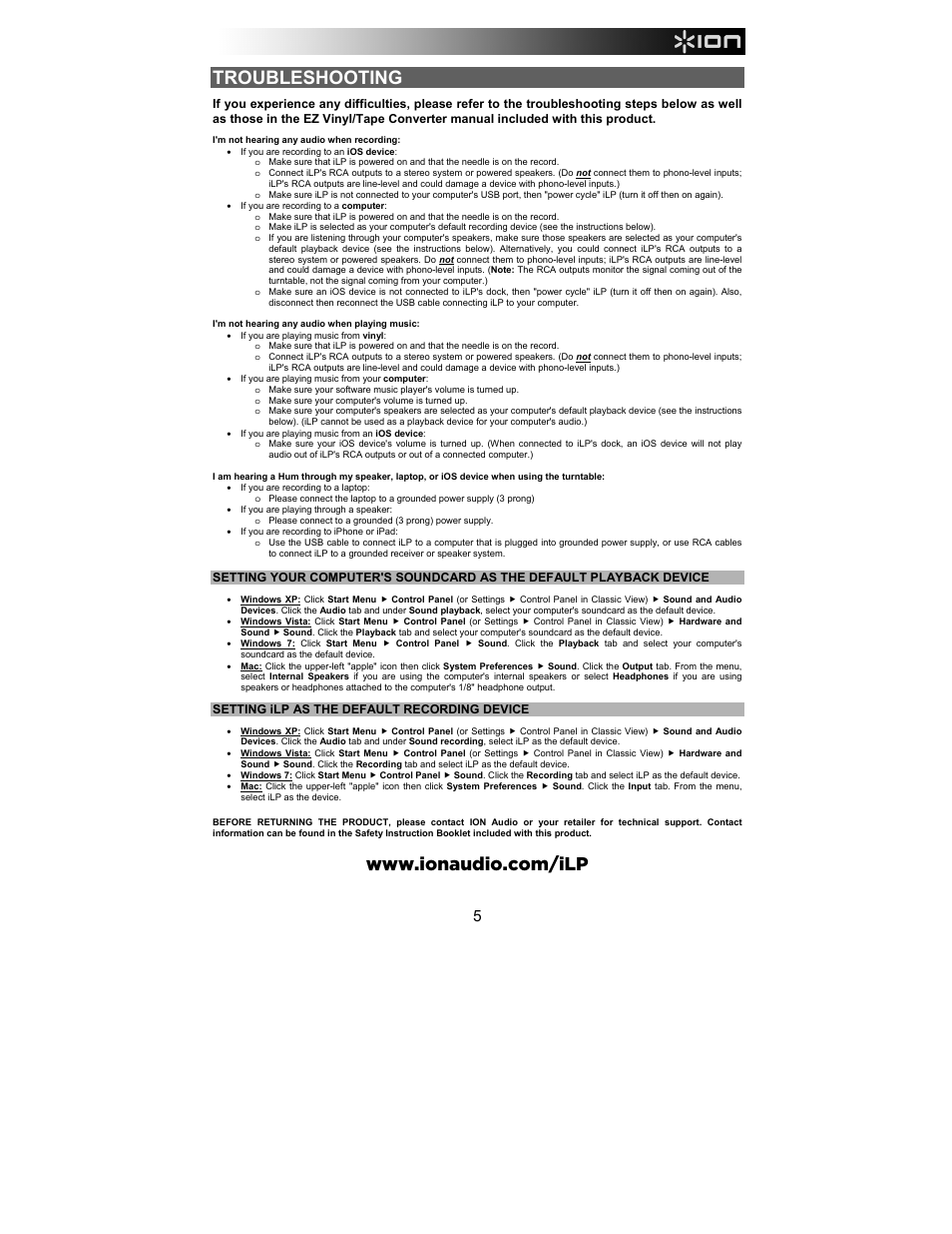 Troubleshooting | ION Audio iLP User Manual | Page 5 / 32