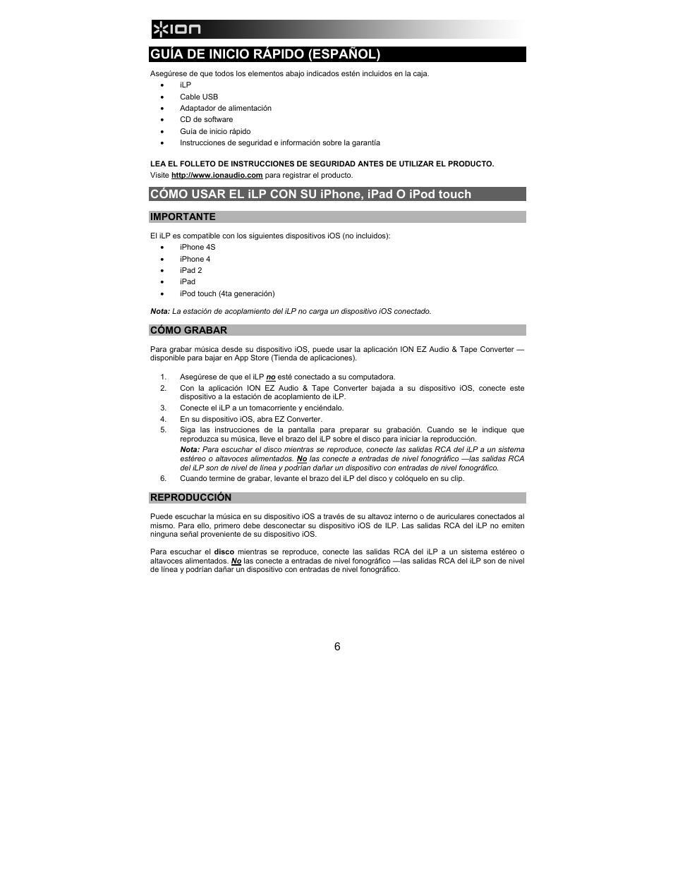 Guía de inicio rápido (español), Cómo usar el ilp con su iphone, ipad o ipod touch | ION Audio iLP User Manual | Page 6 / 32