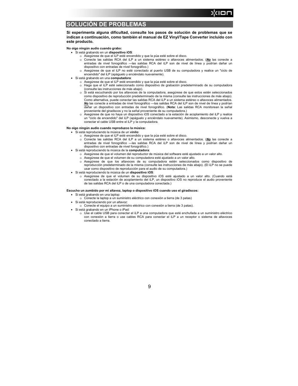 Solución de problemas | ION Audio iLP User Manual | Page 9 / 32