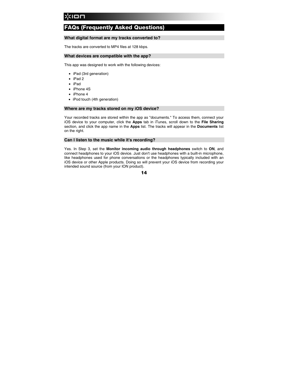 Faqs (frequently asked questions) | ION Audio iLP User Manual | Page 14 / 16