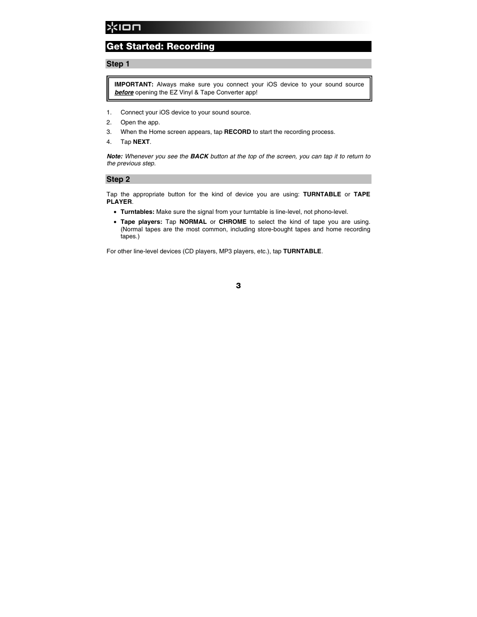 Get started: recording, Step 1, Step 2 | ION Audio iLP User Manual | Page 3 / 16