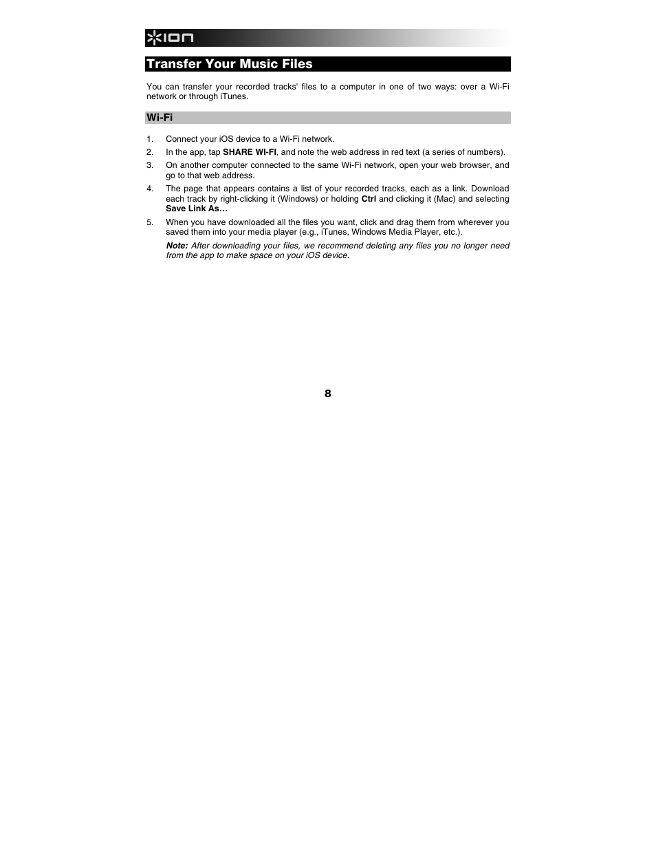 Transfer your music files, Wi-fi | ION Audio iLP User Manual | Page 8 / 16