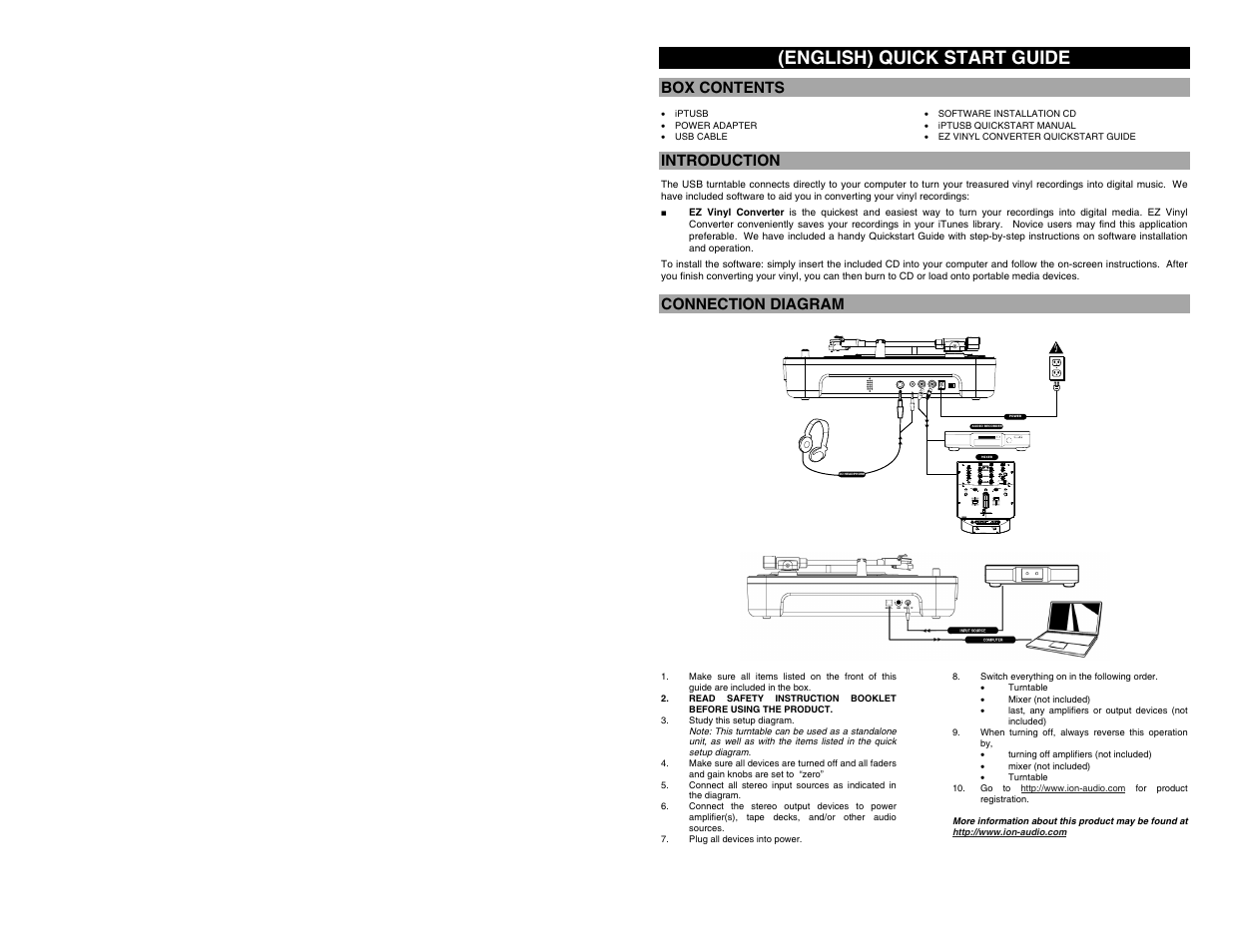 English) quick start guide, Box contents, Introduction | Connection diagram | ION Audio Mobile LP [iPTUSB White] User Manual | Page 3 / 20