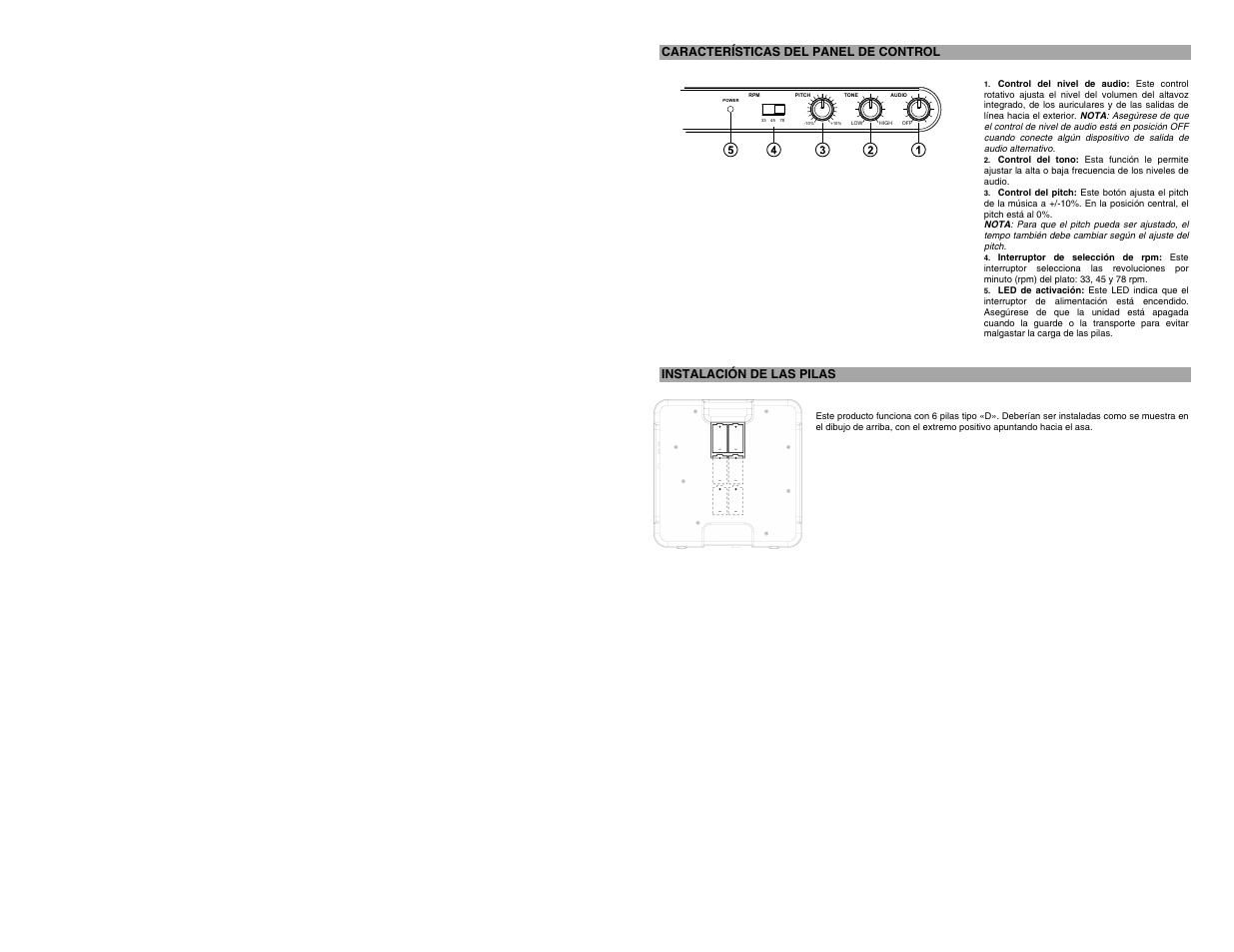 Características del panel de control, Instalación de las pilas | ION Audio Mobile LP [iPTUSB White] User Manual | Page 8 / 20