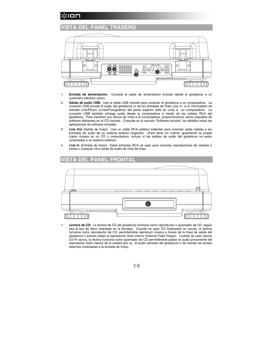 Vista del panel trasero4 32, Vista del panel frontal, 16 vista del panel trasero | ION Audio LP 2 CD User Manual | Page 18 / 92