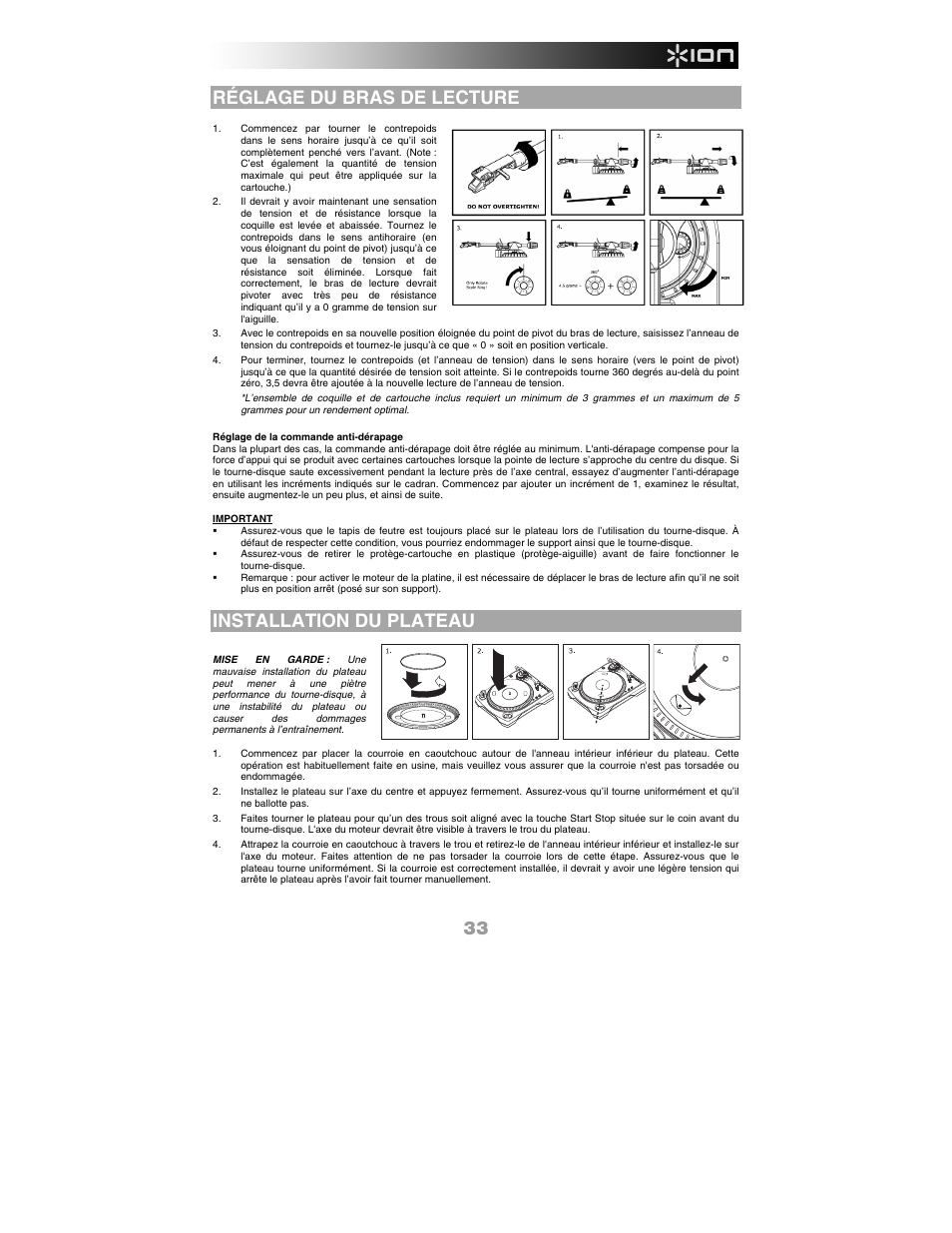 Réglage du bras de lecture, Installation du plateau | ION Audio LP 2 CD User Manual | Page 35 / 92