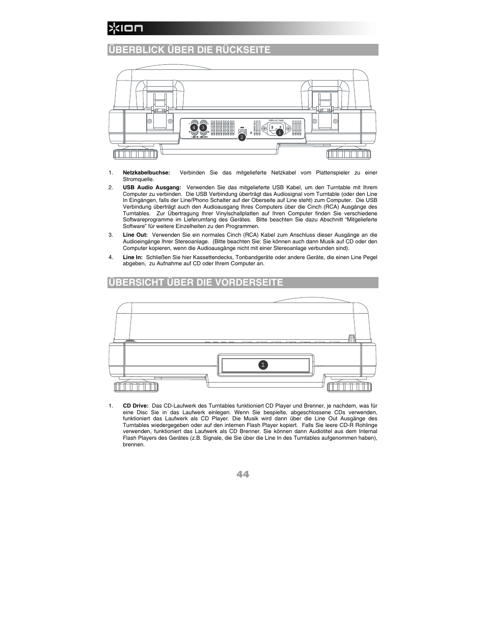 Überblick über die rückseite, Übersicht über die vorderseite | ION Audio LP 2 CD User Manual | Page 46 / 92