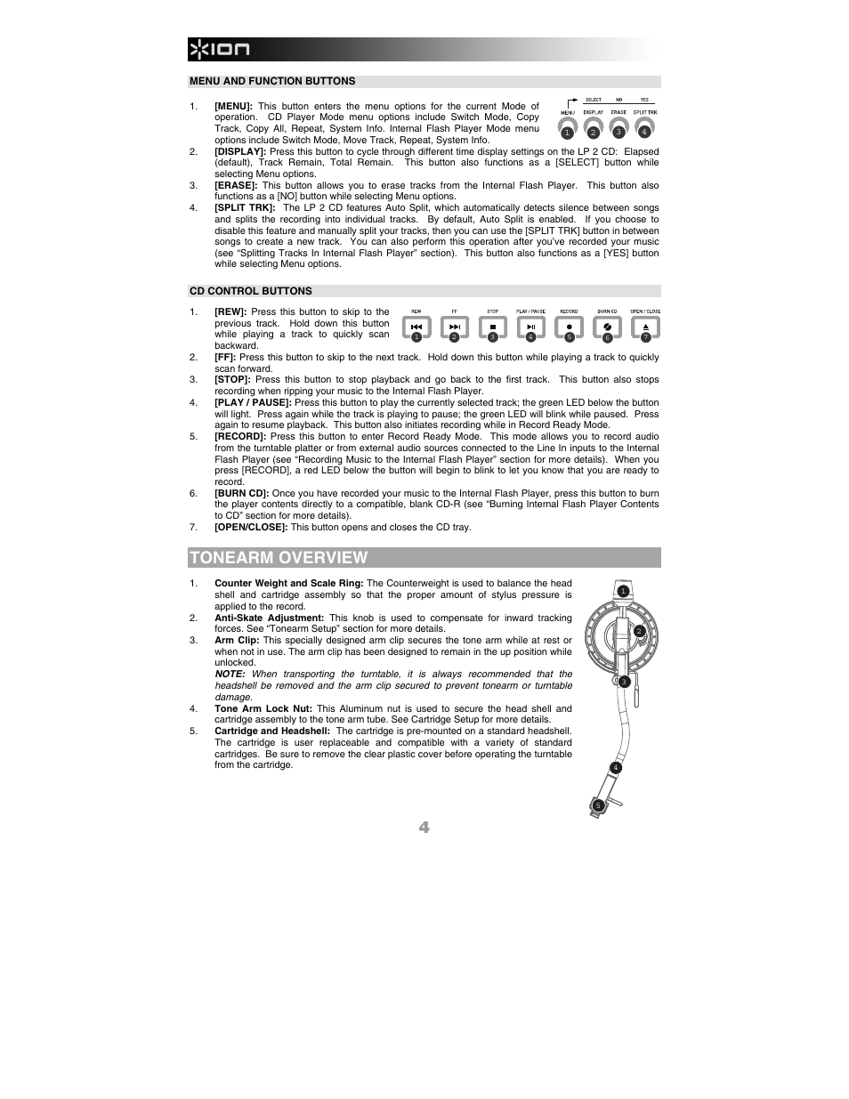 Tonearm overview | ION Audio LP 2 CD User Manual | Page 6 / 92