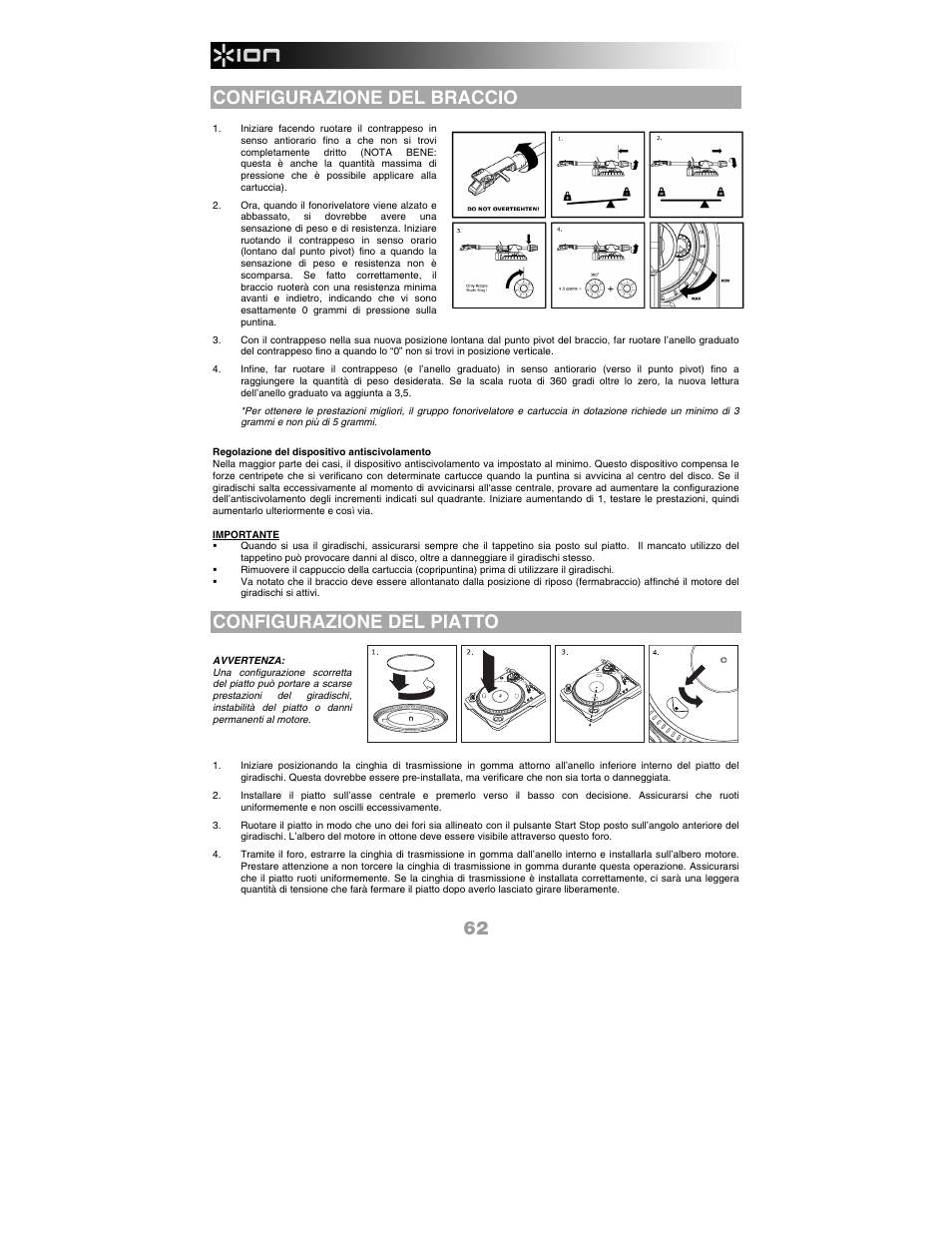 Configurazione del braccio, Configurazione del piatto | ION Audio LP 2 CD User Manual | Page 64 / 92