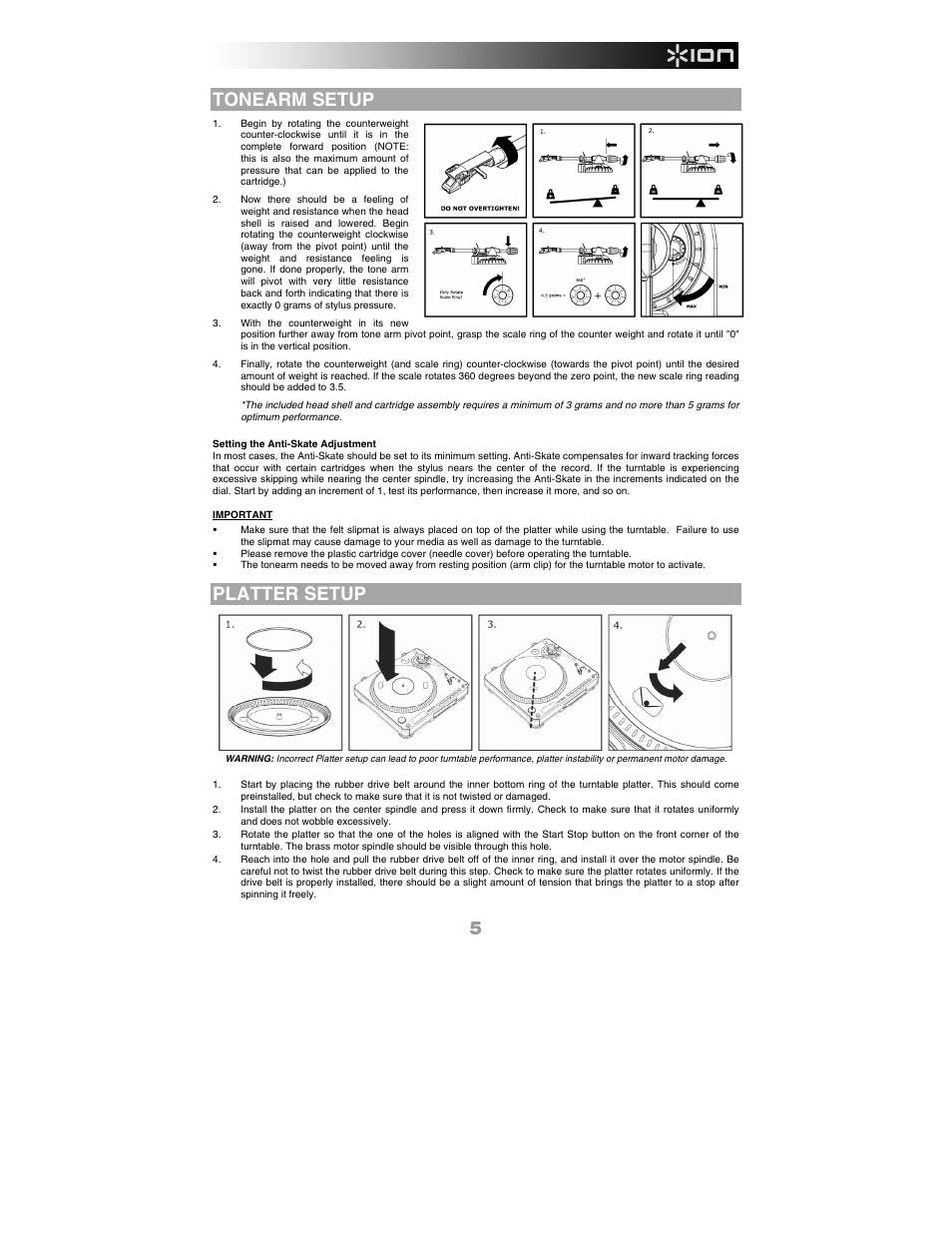 Tonearm setup, Platter setup | ION Audio LP 2 CD User Manual | Page 7 / 92