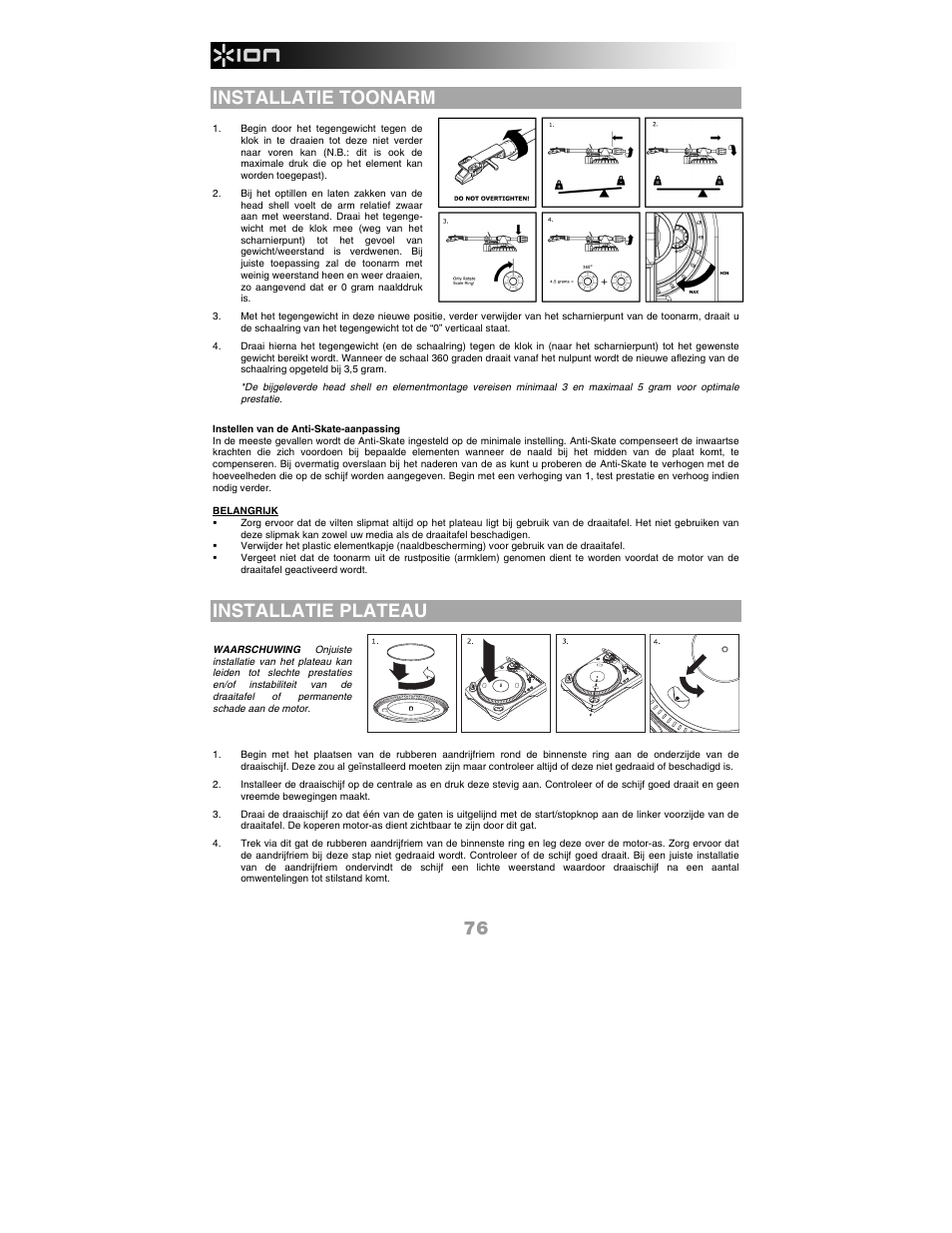 Installatie toonarm, Installatie plateau | ION Audio LP 2 CD User Manual | Page 78 / 92