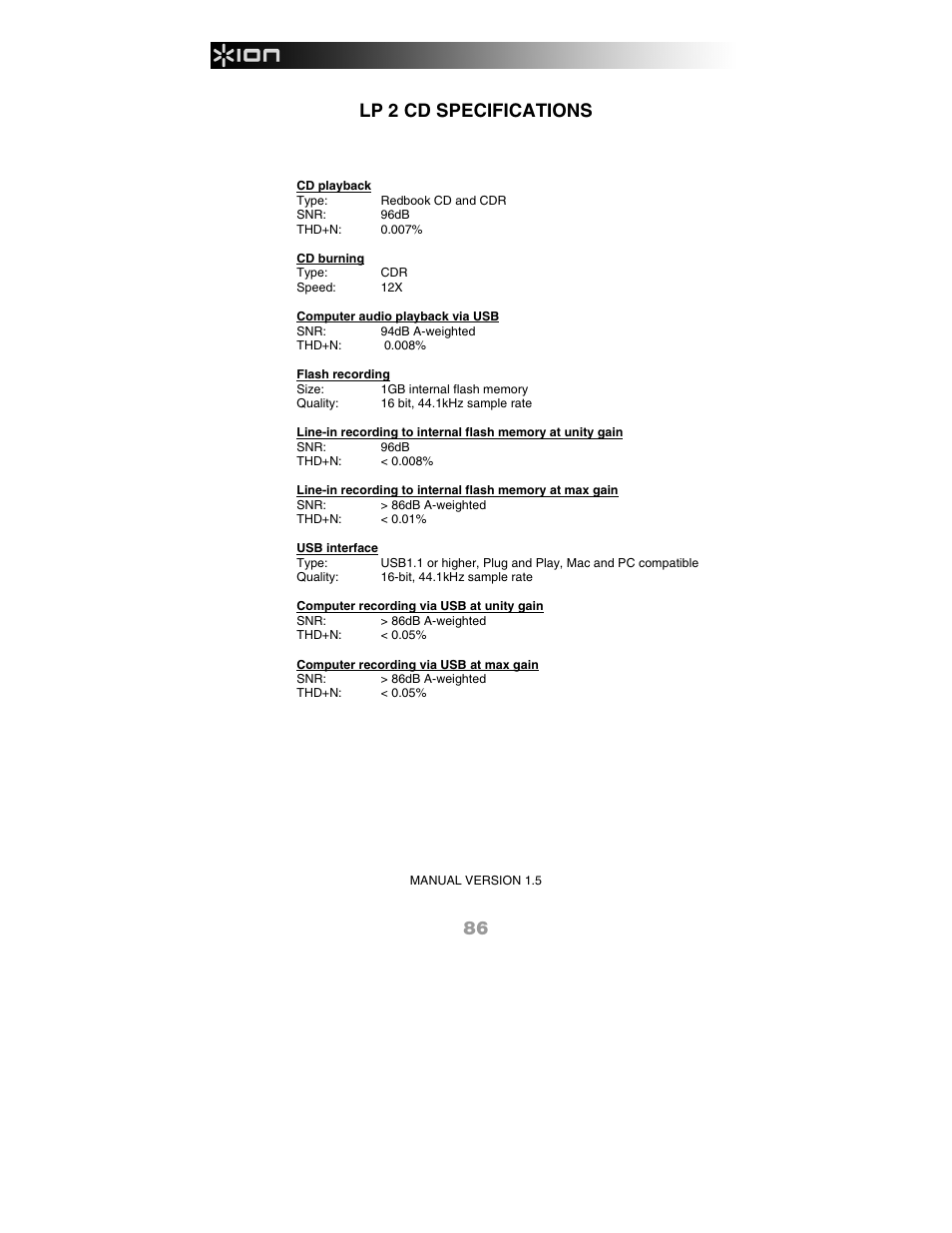 Specifications, Lp 2 cd specifications | ION Audio LP 2 CD User Manual | Page 88 / 92