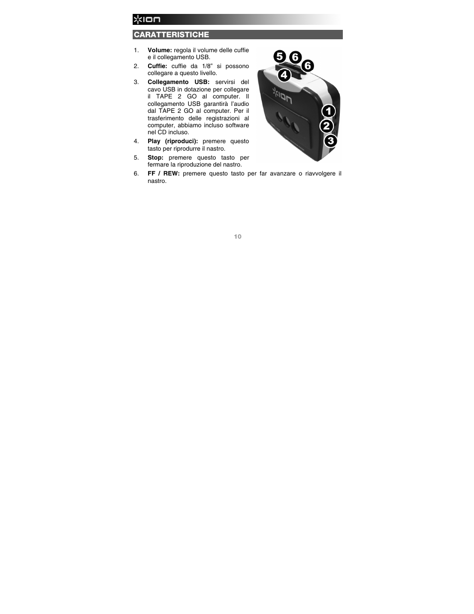 Caratteristiche | ION Audio Tape 2 Go User Manual | Page 10 / 16