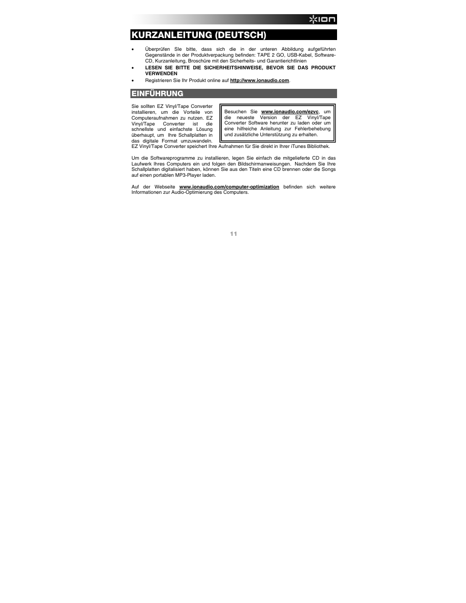 Deutsch, Einführung, Kurzanleitung (deutsch) | ION Audio Tape 2 Go User Manual | Page 11 / 16