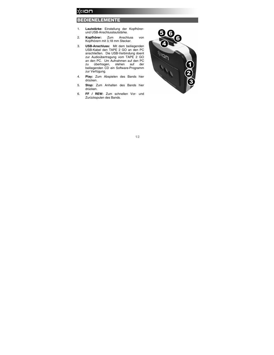 Bedienelemente | ION Audio Tape 2 Go User Manual | Page 12 / 16