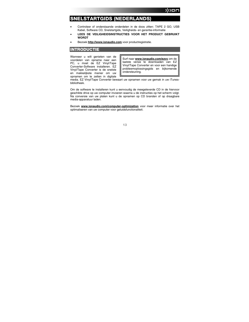 Nederlands, Introductie, Snelstartgids (nederlands) | ION Audio Tape 2 Go User Manual | Page 13 / 16
