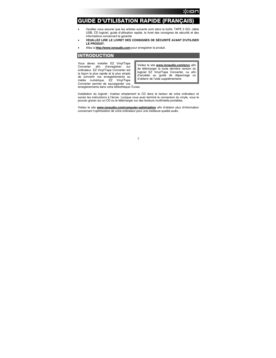 Français, Introduction, Guide d’utilisation rapide (français) | ION Audio Tape 2 Go User Manual | Page 7 / 16