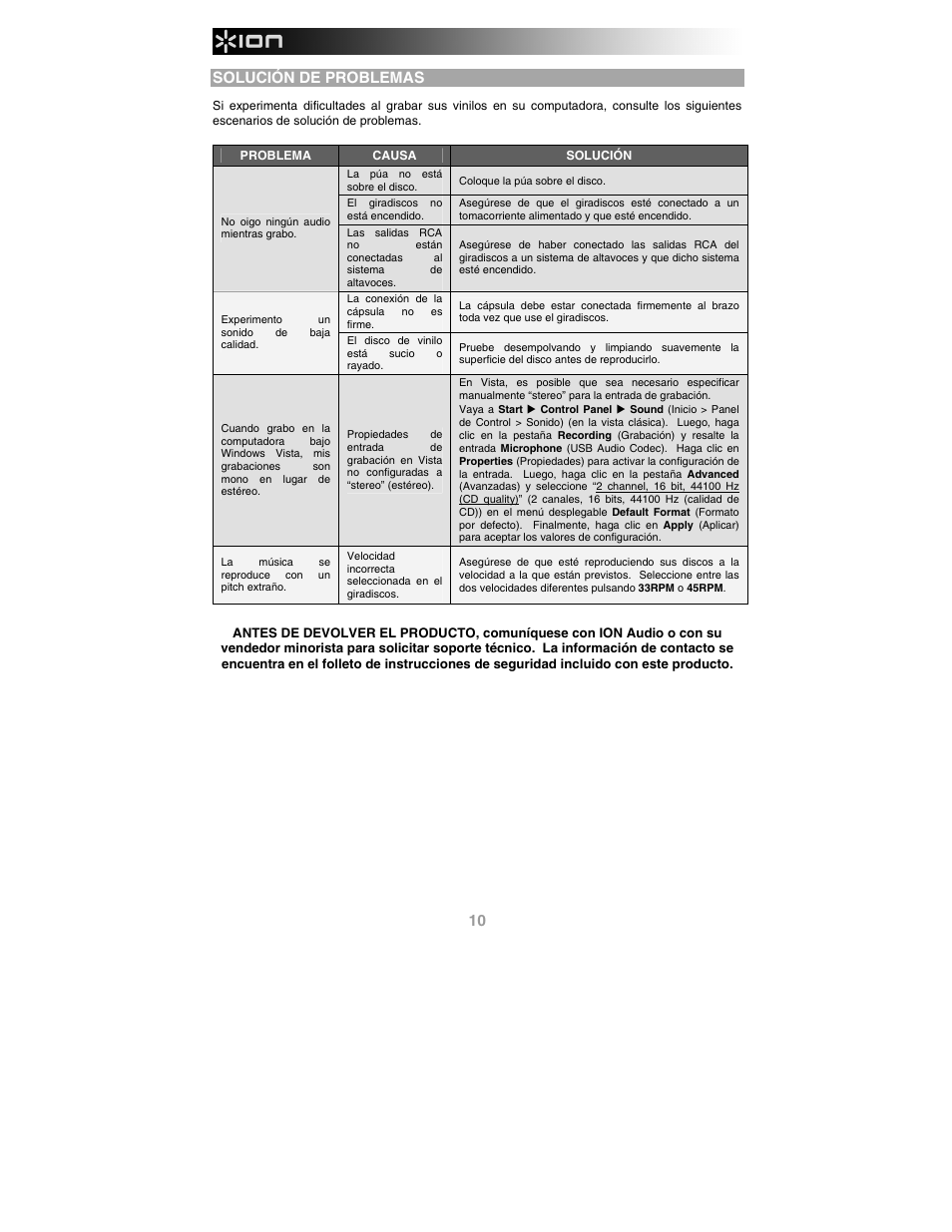 Solución de problemas | ION Audio Profile Pro User Manual | Page 10 / 28