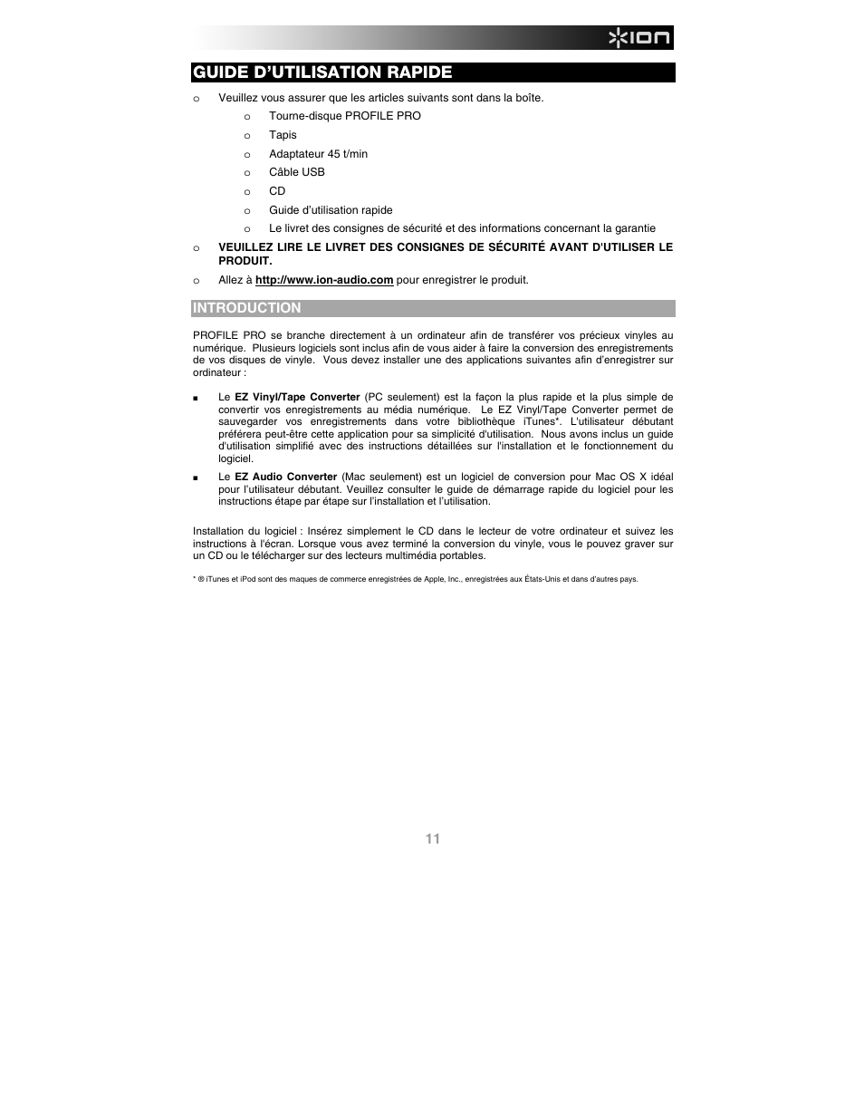 Français, Introduction, Guide d’utilisation rapide | ION Audio Profile Pro User Manual | Page 11 / 28