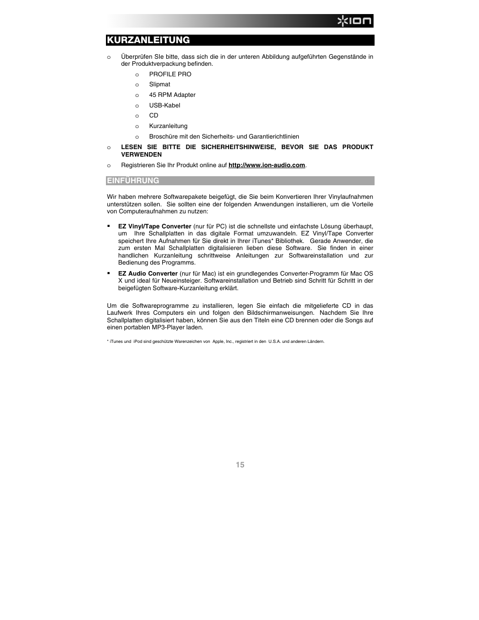 Deutsch, Einführung, Kurzanleitung | ION Audio Profile Pro User Manual | Page 15 / 28