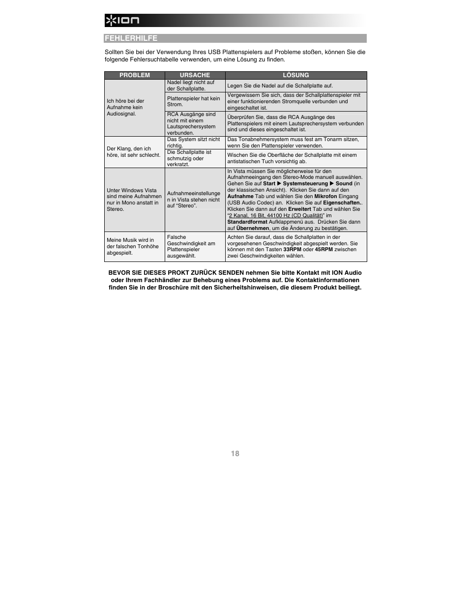 Fehlerhilfe | ION Audio Profile Pro User Manual | Page 18 / 28