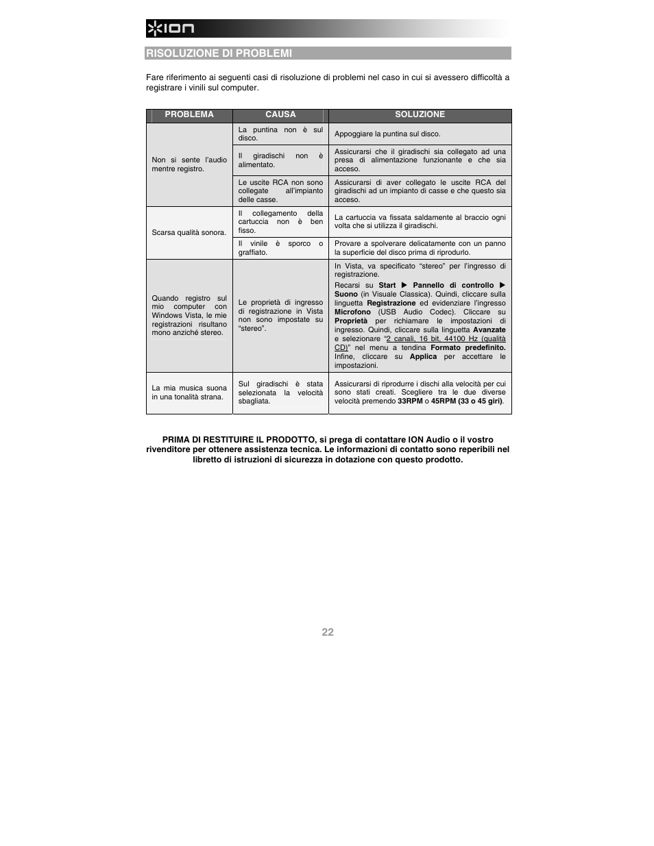 Risoluzione di problemi | ION Audio Profile Pro User Manual | Page 22 / 28