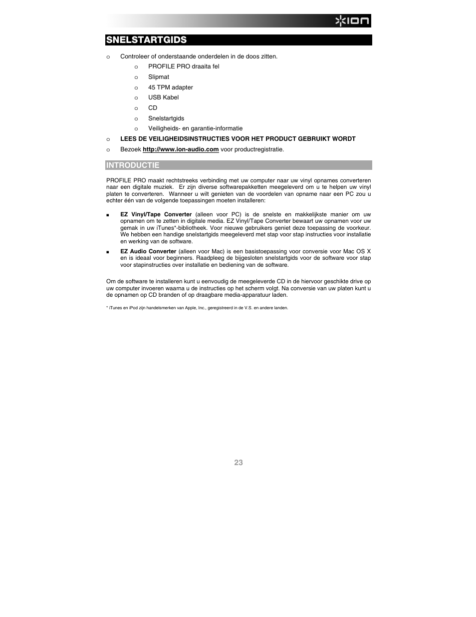 Nederlands, Introductie, Snelstartgids | ION Audio Profile Pro User Manual | Page 23 / 28
