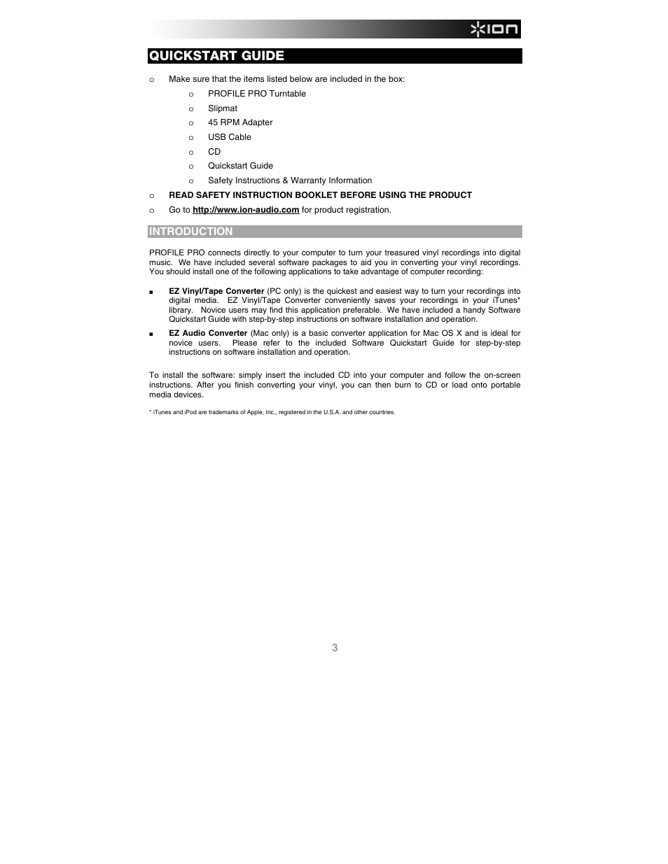English, Introduction, Quickstart guide | ION Audio Profile Pro User Manual | Page 3 / 28