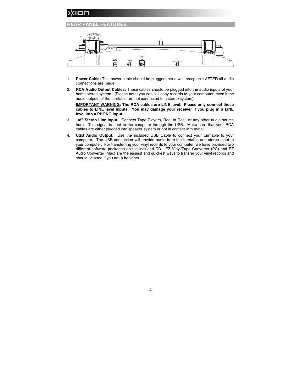Rear panel features | ION Audio Profile Pro User Manual | Page 4 / 28