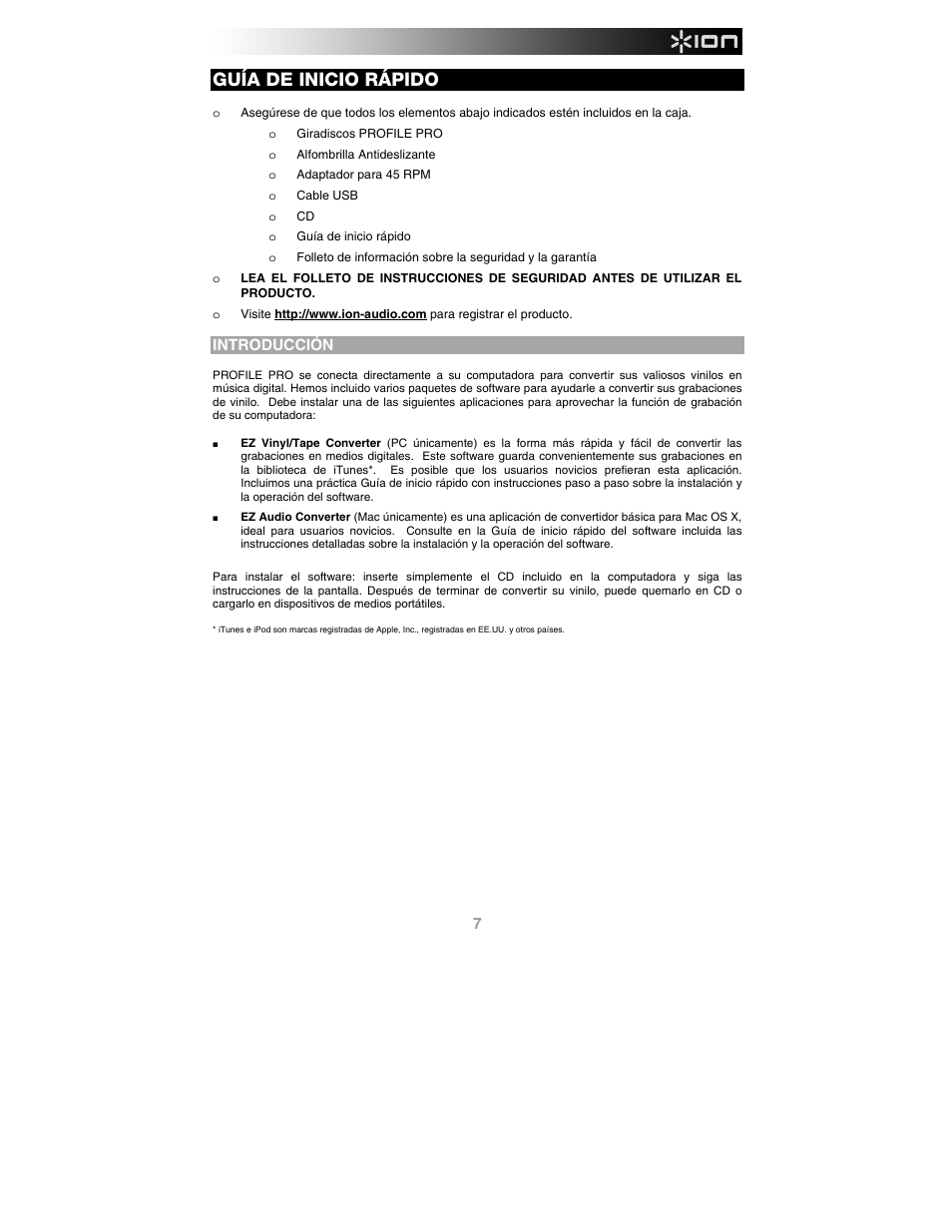 Español, Introducción, Guía de inicio rápido | ION Audio Profile Pro User Manual | Page 7 / 28