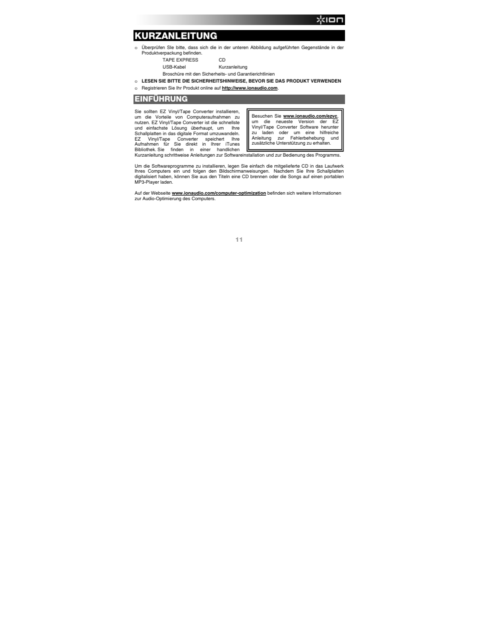 Kurzanleitung, Einführung | ION Audio Tape Express + User Manual | Page 11 / 16