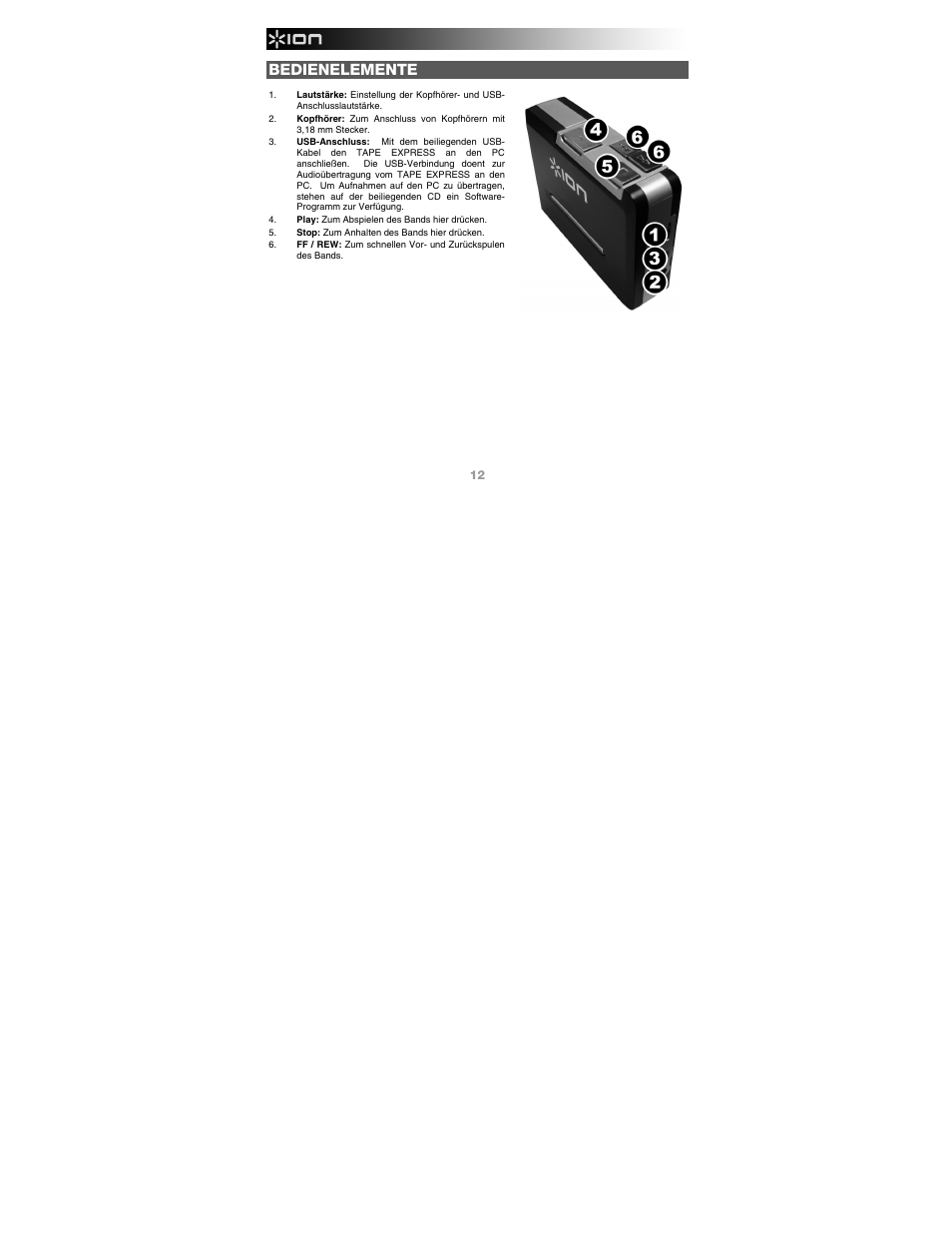 Bedienelemente | ION Audio Tape Express + User Manual | Page 12 / 16