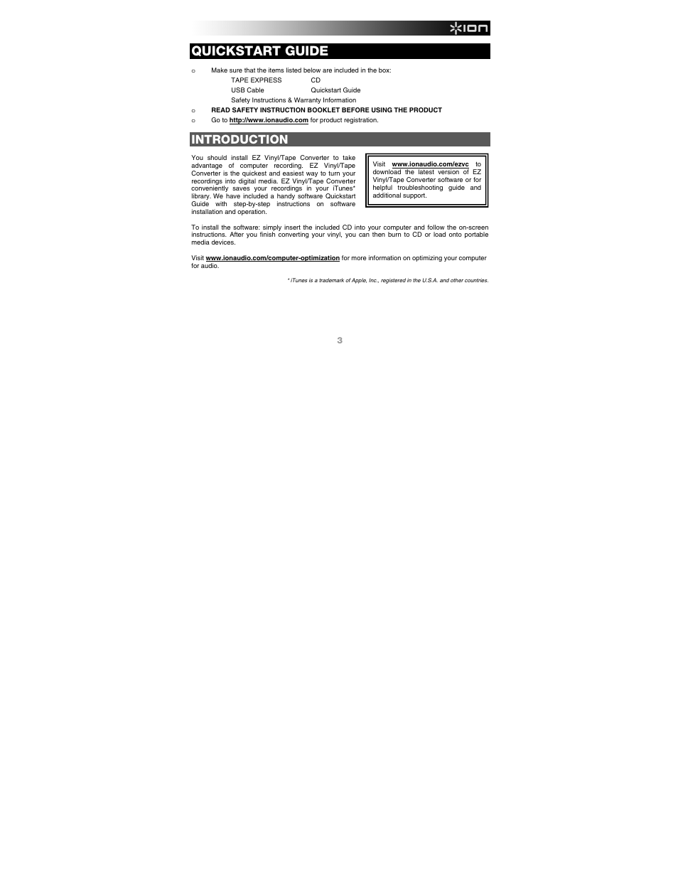 Quickstart guide, Introduction | ION Audio Tape Express + User Manual | Page 3 / 16