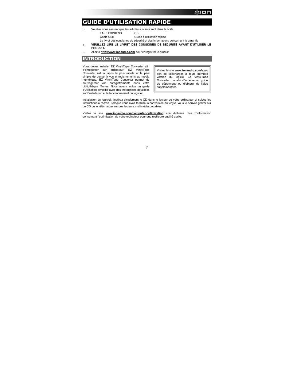 Guide d’utilisation rapide, Introduction | ION Audio Tape Express + User Manual | Page 7 / 16