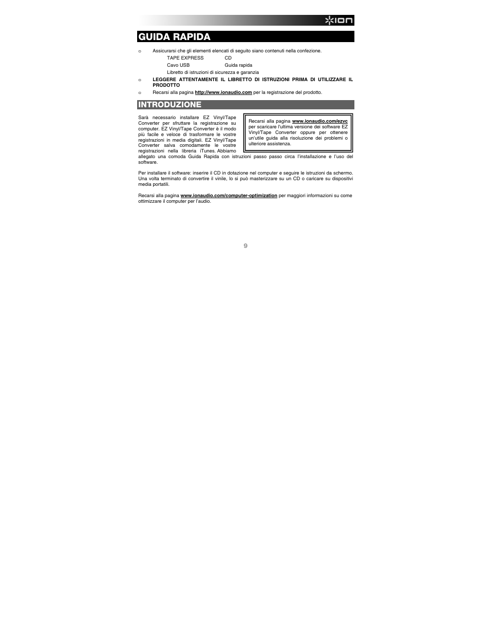 Guida rapida, Introduzione | ION Audio Tape Express + User Manual | Page 9 / 16