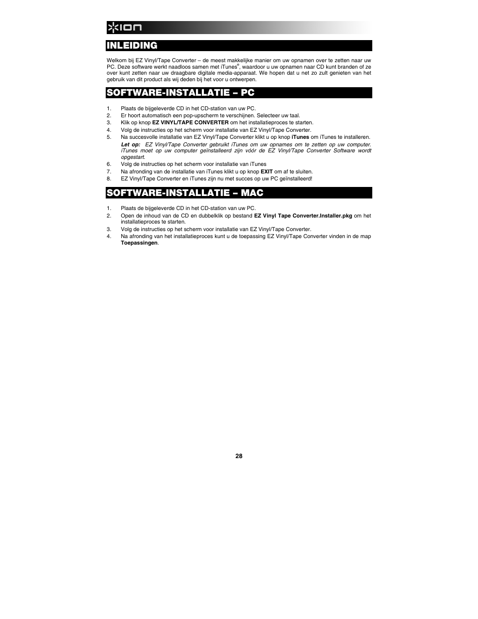 Nederlands, Inleiding, Software-installatie – pc | Software-installatie – mac | ION Audio Tape Express + User Manual | Page 28 / 44
