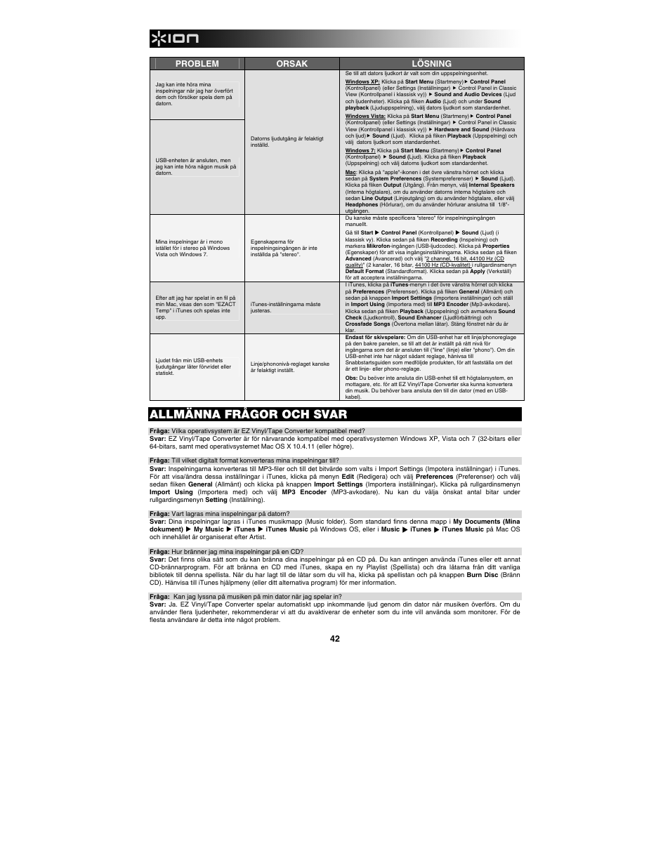 Allmänna frågor och svar, Problem orsak lösning | ION Audio Tape Express + User Manual | Page 42 / 44