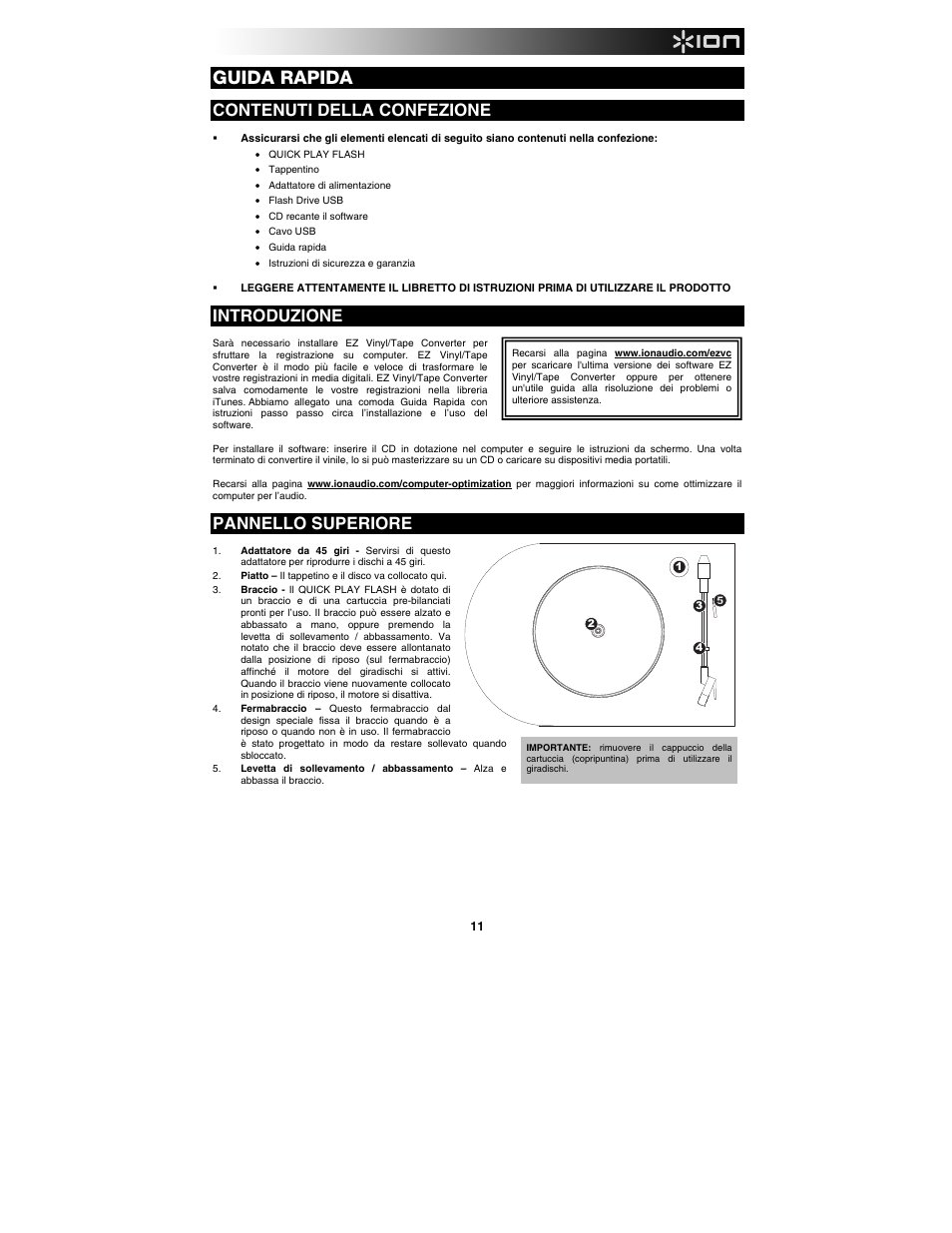 Guida rapida, Contenuti della confezione, Introduzione | Pannello superiore | ION Audio Quick Play Flash User Manual | Page 11 / 20