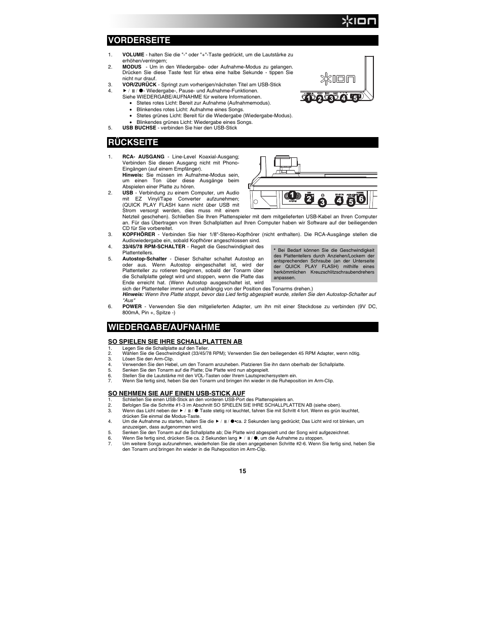 Vorderseite, Rückseite, Wiedergabe/aufnahme | ION Audio Quick Play Flash User Manual | Page 15 / 20