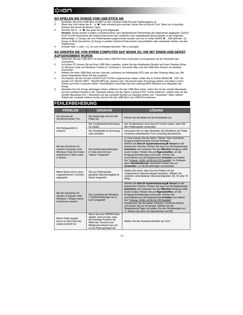 Fehlerbehebung | ION Audio Quick Play Flash User Manual | Page 16 / 20