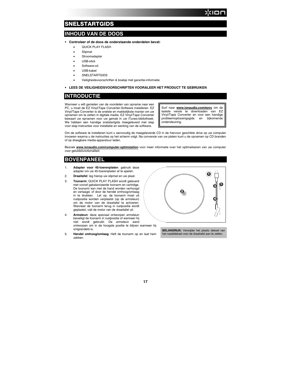 Snelstartgids, Inhoud van de doos, Introductie | Bovenpaneel | ION Audio Quick Play Flash User Manual | Page 17 / 20