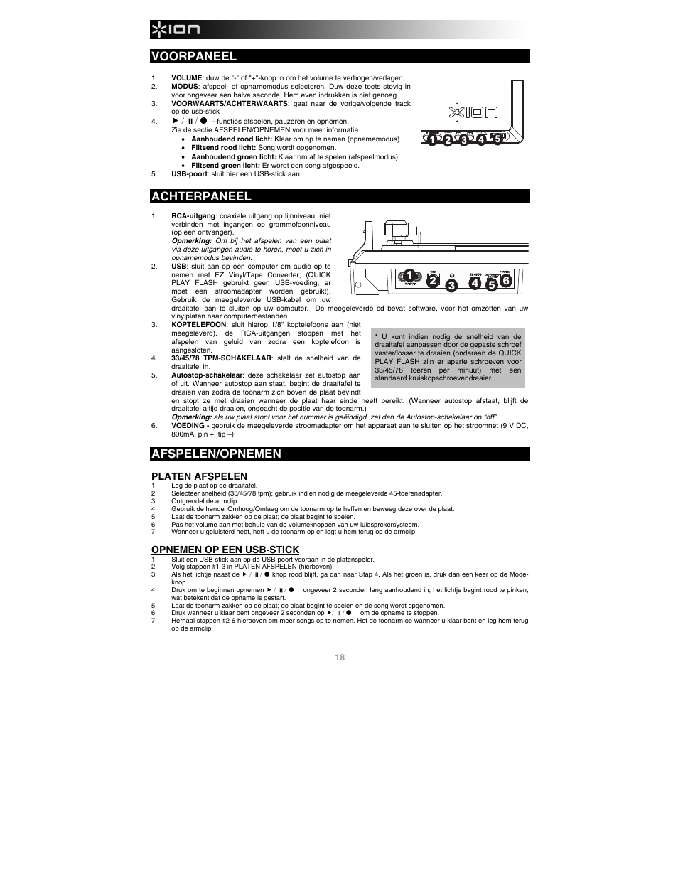 Voorpaneel, Achterpaneel, Afspelen/opnemen | Platen afspelen, Opnemen op een usb-stick | ION Audio Quick Play Flash User Manual | Page 18 / 20